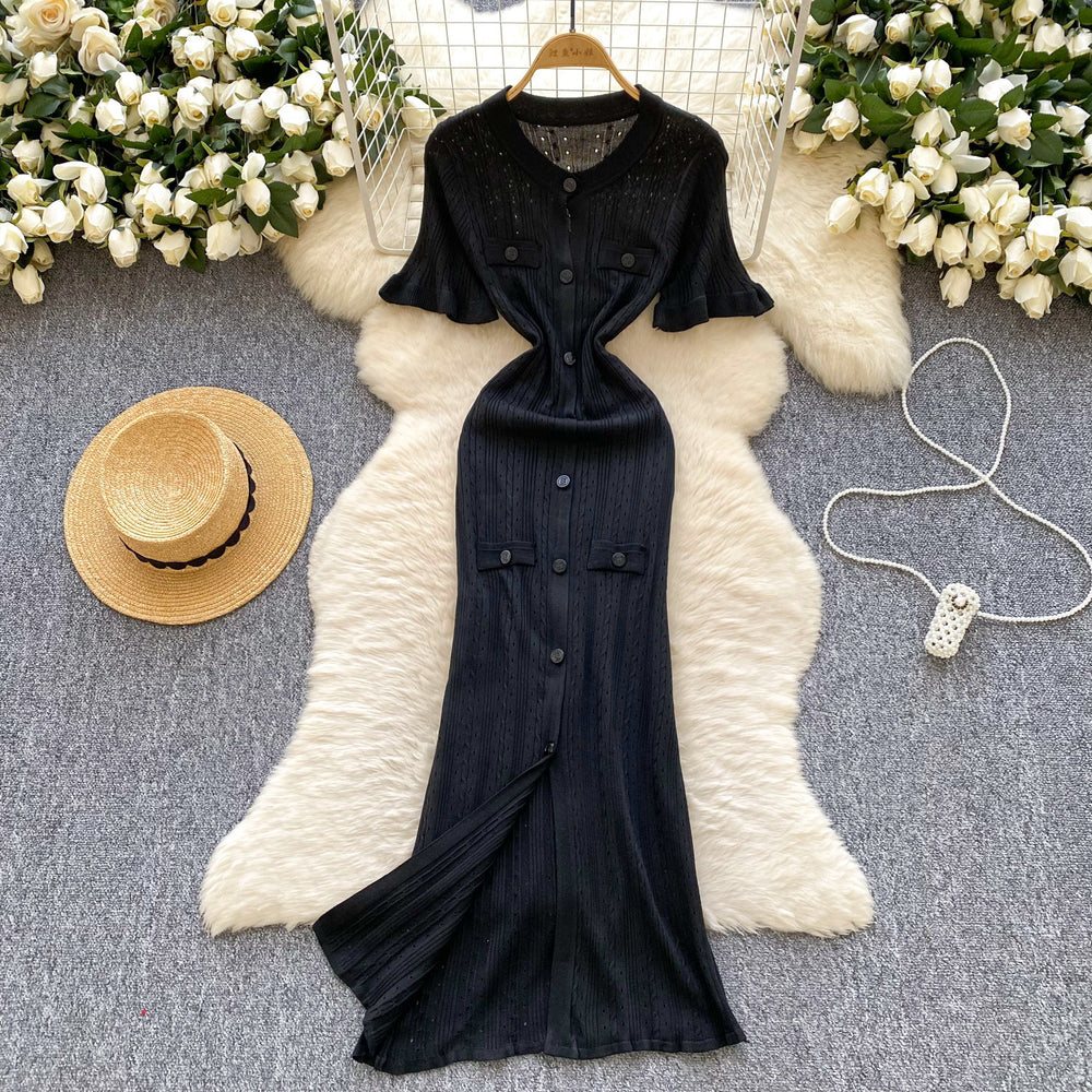 European and american style minimalist knitted dress - women's summer single-breasted hollow-out slimming design - light luxury elegant maxi dress