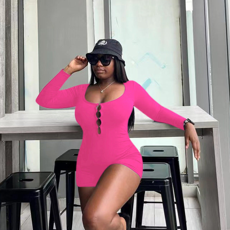 Solid color basic hollow slim-fitting long-sleeved jumpsuit women's European and American autumn new jumpsuit  Independent Station