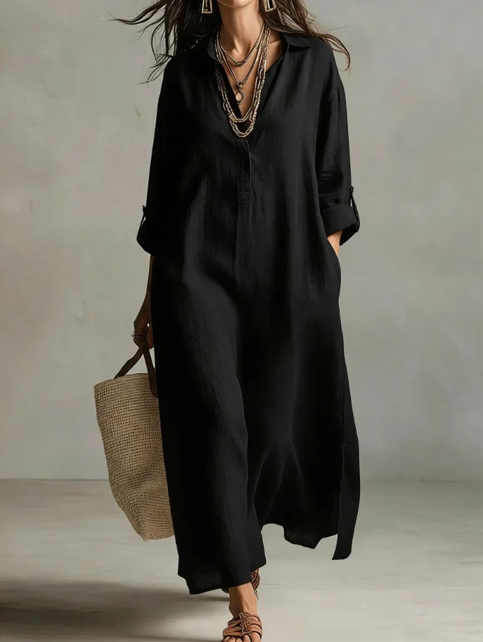 fashion spring and summer new arrivaldresspure color lapel casuallong sleevesshirt skirt lazy style cotton and linen