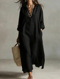 fashion spring and summer new arrivaldresspure color lapel casuallong sleevesshirt skirt lazy style cotton and linen
