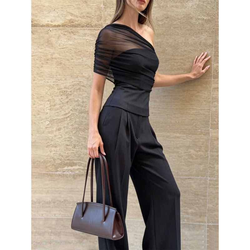 Amazon women's clothing  summer new sexy asymmetrical neck off-shoulder mesh panel solid color cinched waist see-through top
