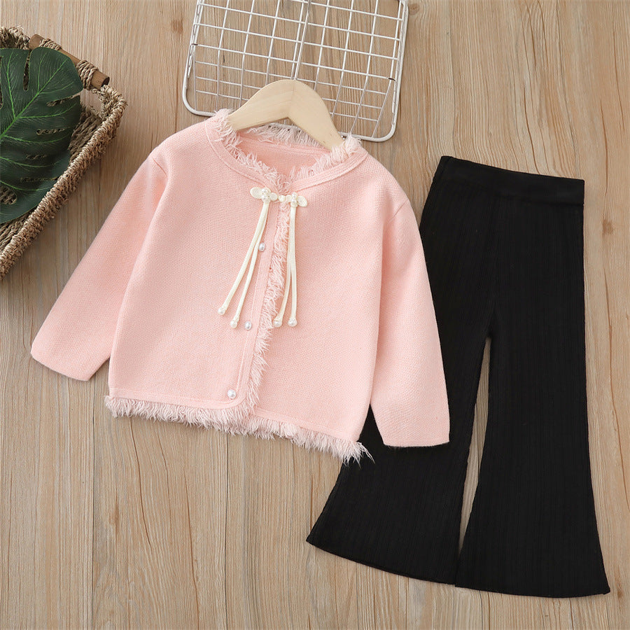 Girls' knitted sweater two-piece set -  autumn/winter new arrival - chinese style hanfu outfit with pants for baby girls