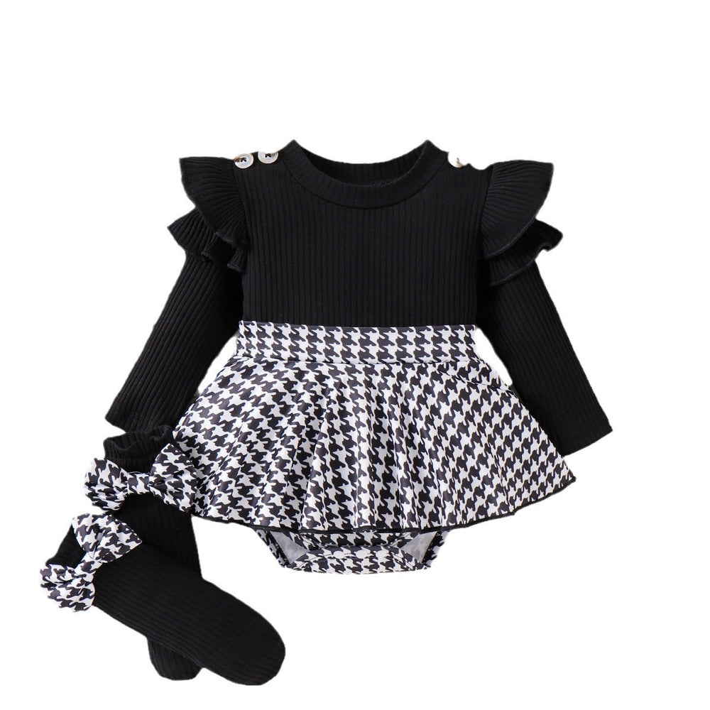 e-commerce autumn baby and toddler girl's three-piece set for the us and european markets, including a flutter-sleeve long-sleeved romper, pants/skirt, socks, and a headband