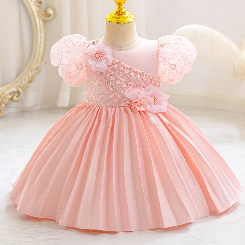 Ready-to-ship baby girl's evening gown, featuring delicate lace and a princess silhouette. perfect for model photoshoots, piano recitals, and special occasions