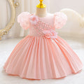 Ready-to-ship baby girl's evening gown, featuring delicate lace and a princess silhouette. perfect for model photoshoots, piano recitals, and special occasions