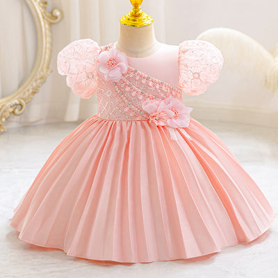 Ready-to-ship baby girl's evening gown, featuring delicate lace and a princess silhouette. perfect for model photoshoots, piano recitals, and special occasions