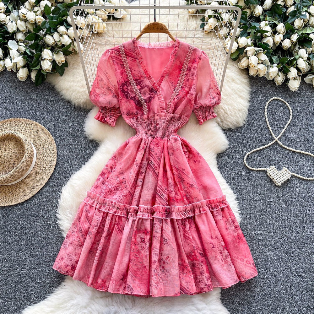 French romantic v-neck lantern sleeve ruffle print dress - women's summer slimming a-line fairy dress