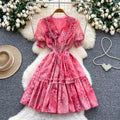 French romantic v-neck lantern sleeve ruffle print dress - women's summer slimming a-line fairy dress