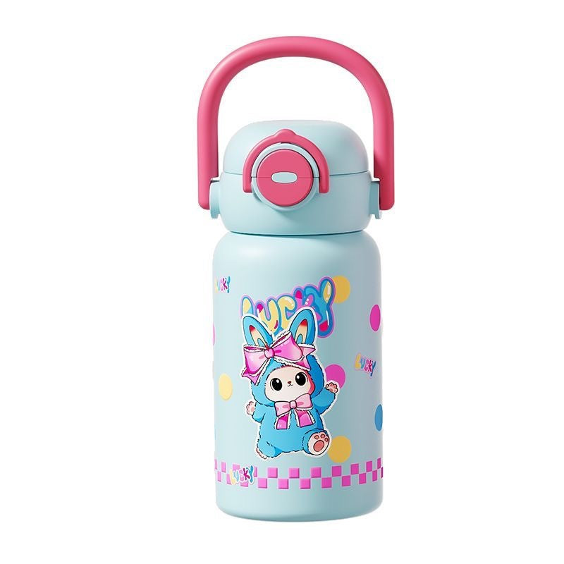Creative cartoon double-drink kids' thermos: stylish, high-capacity student straw water bottle - stainless steel cup