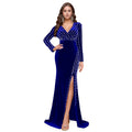 C7269 cross-border   european and american women's clothing sexy deep v beaded hot diamond slit long skirt dress women