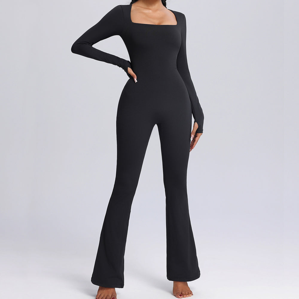 european and american new long-sleeve bodysuit yoga outfit - high-stretch, breathable dance & fitness activewear - women's flare leg bodysuit