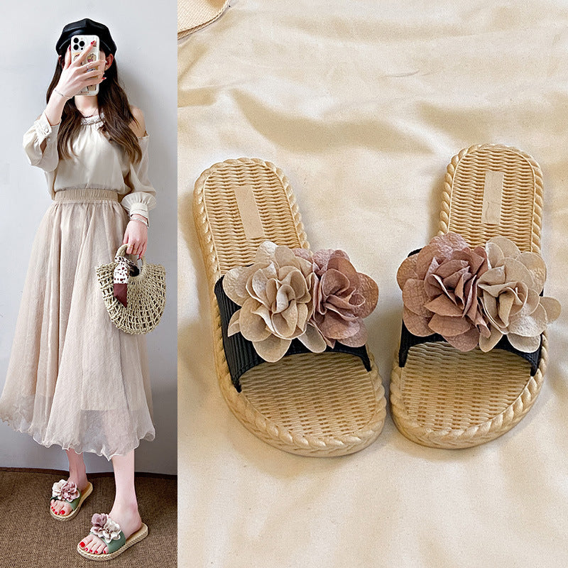 New summer fairy style color block floral slides - women's beach sandals, fashionable outdoor wear, flat, non-slip