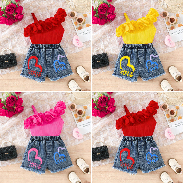 new girls' ruffle trim one-shoulder cami top + heart print denim shorts set