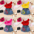 new girls' ruffle trim one-shoulder cami top + heart print denim shorts set