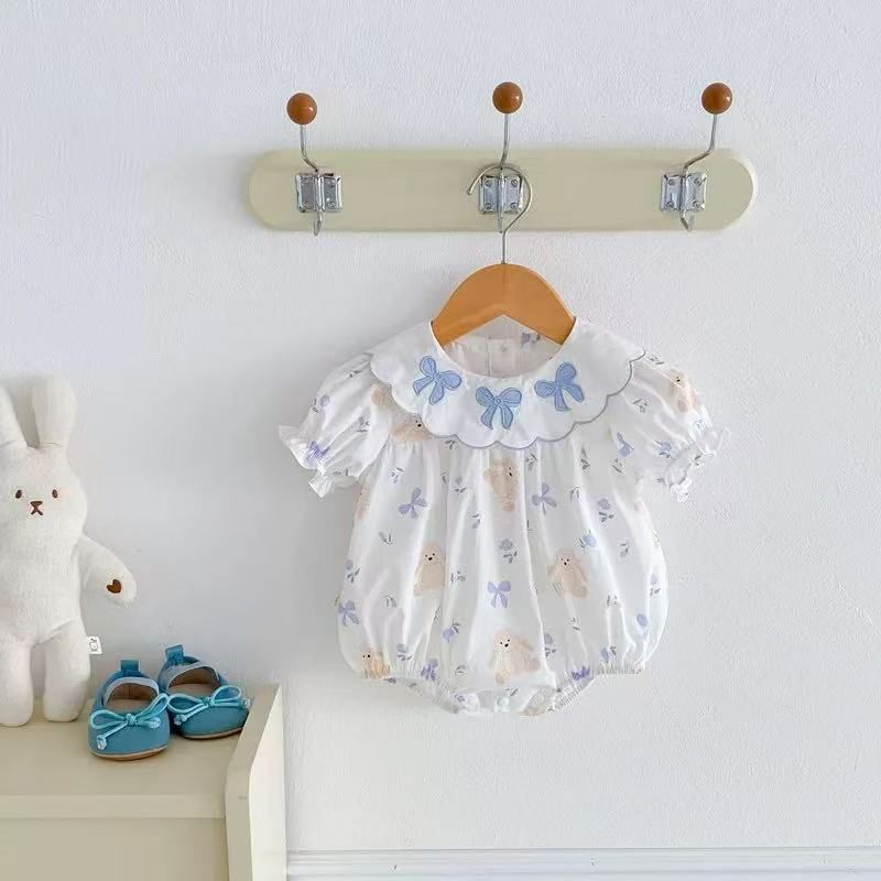 Baby summer clothes: adorable princess romper for baby girls - stylish, sweet, lightweight, short-sleeve, triangle-neck snap-crotch bodysuit