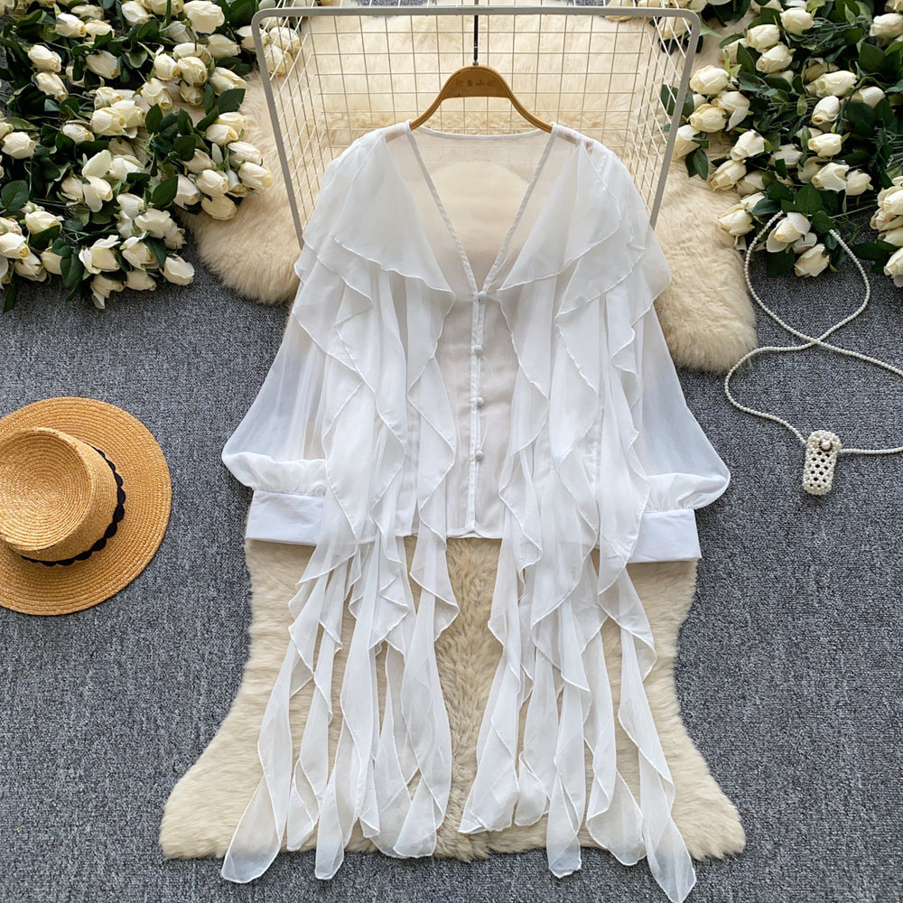 Frenchromantic style comfortable breathable rufflesshirt women's long sleevesloosecardiganslimming lookeasiest for matchwork clothingtops