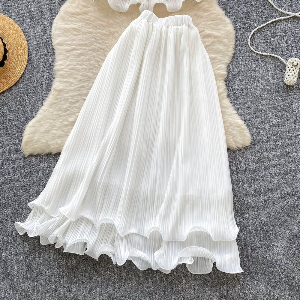 Fairy vacation set  new french chic: camisole top + high-waisted ruffle pleated midi skirt