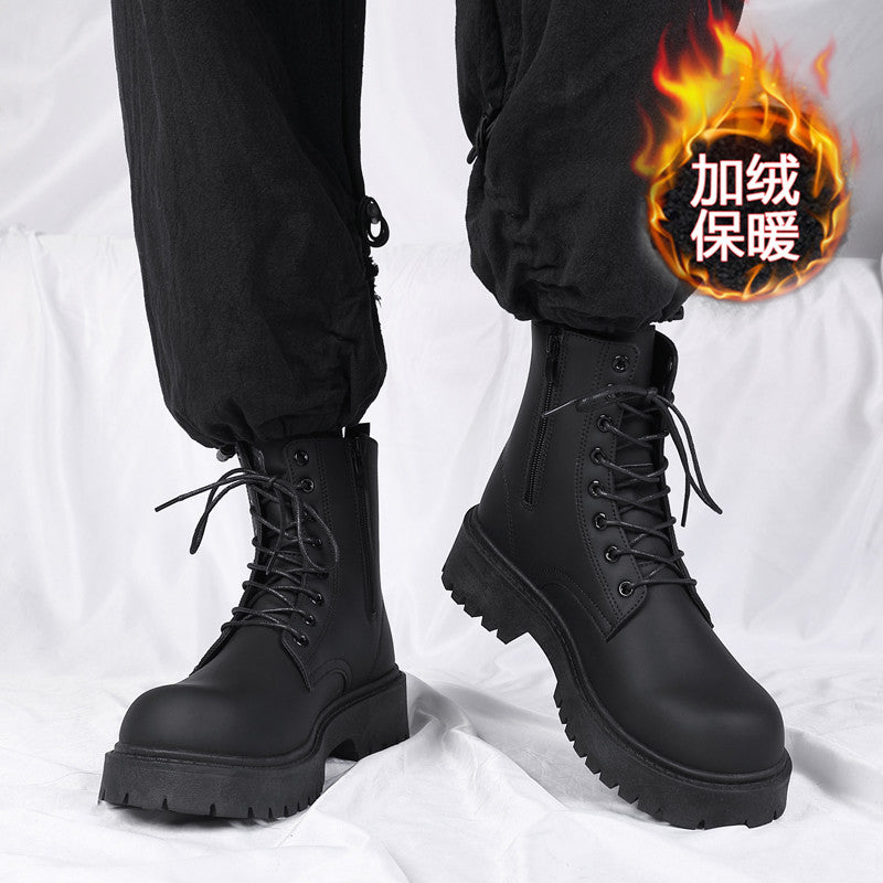 Boots men's new arrivalwinter black british style motorcycle zipper workwear boots high-top fleece-linedheattechcasual leather boots