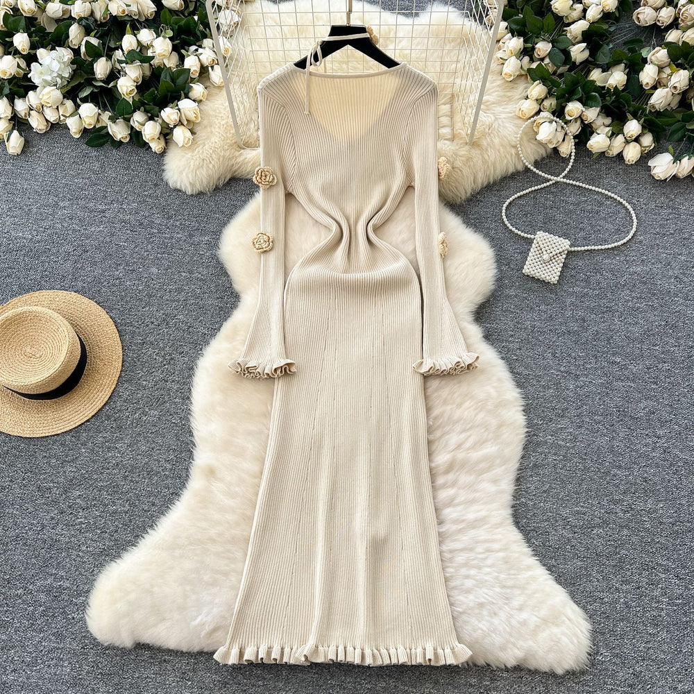 Atmosphere elegantstereo flower v necklong sleevesdress women's silmslimming look inner wear sweater skirtfall and winternew arrival
