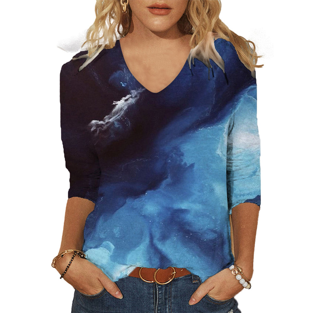 cross-border  women's casual printed v-neck 3/4 sleeve t-shirt top - in stock