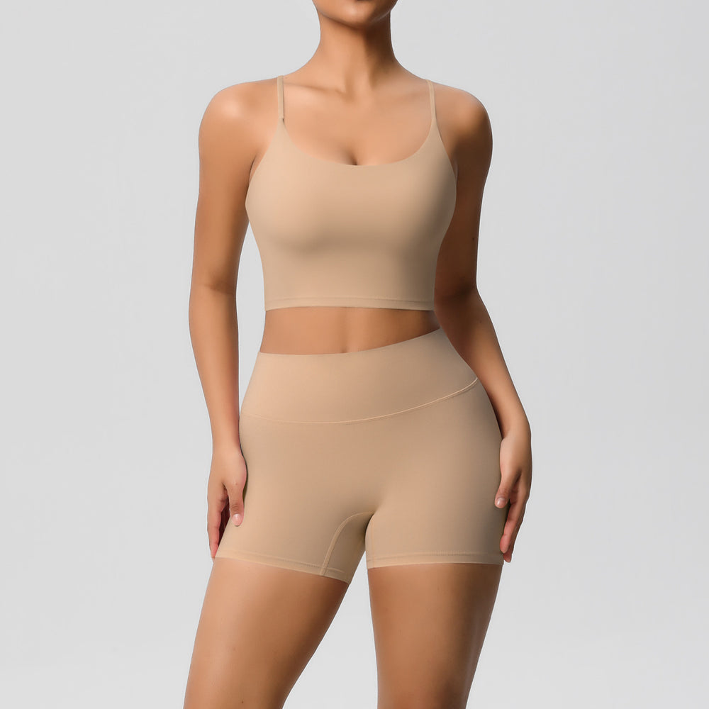New arrival: cross-border brushed solid color racerback compression breathable yoga set - women's activewear running & fitness shorts set