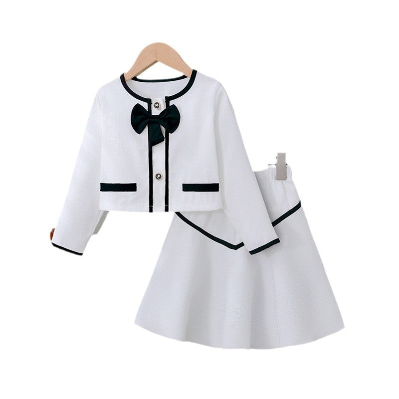 autumn/winter girls' chanel-inspired outfit: pink and white bow-trimmed round neck jacket and mini skirt two-piece set