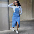 European and american style straight-leg overalls dress -  cross-border women's fashion streetwear - large pocket slit denim skirt