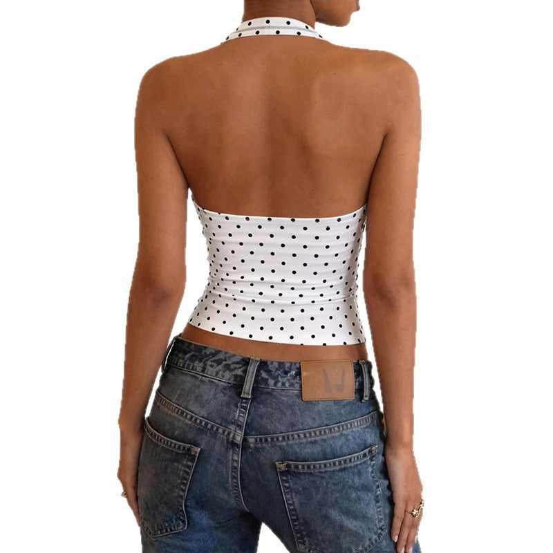 European and american style ins cross-border women's backless silm chest-wrapped summer t-shirt one-line collar halter neck sleeveless polka dot short tops