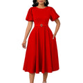 D590 european and american women's clothing  summer fashion puff sleeve elegant high waist solid color round neck large skirt african dress