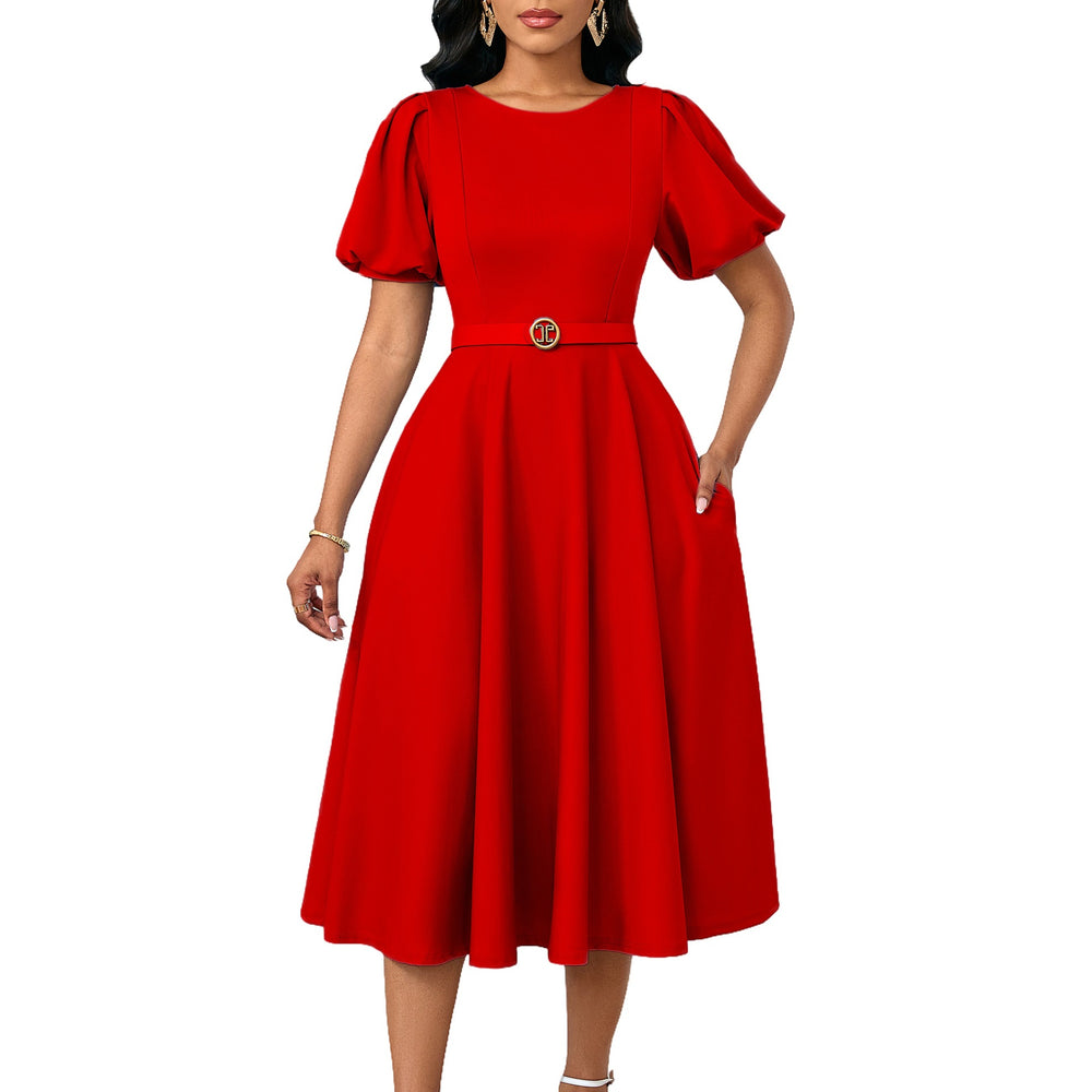 D590  independent station women's clothing  summer new style puff sleeves pure color large skirt foreign trade cross-border dress