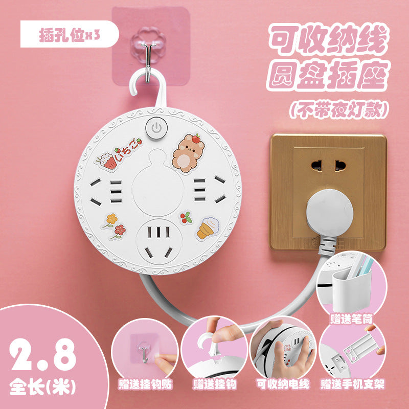 Multi-outlet power strip panel with storage, multi-port socket, home/dorm use, computer-safe, retractable extension cord