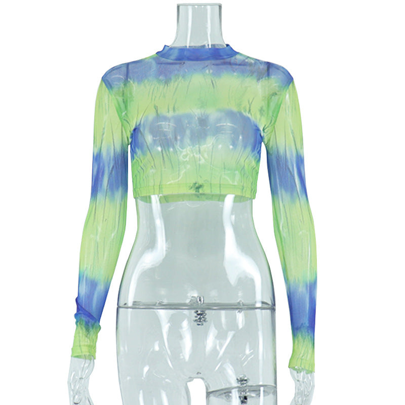 European and american  summer new arrival: ins-style chic commute print crew neck slim-fit mesh long sleeve pullover cropped t-shirt