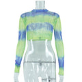 European and american  summer new arrival: ins-style chic commute print crew neck slim-fit mesh long sleeve pullover cropped t-shirt