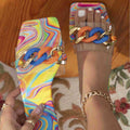 Women's flat square toe slippers sandals - colorful, vacation-ready, sexy chain detail - fashionable women's slippers & sandals