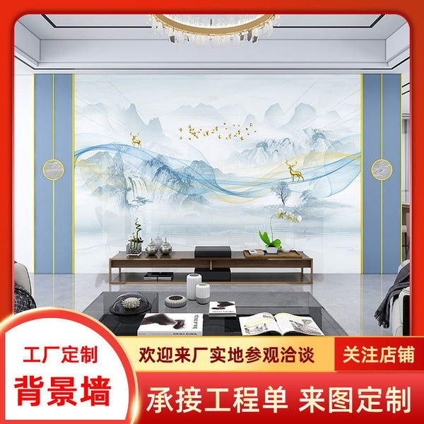 Whole house living room integrated wall panel new Chinese light luxury imitation marble TV background wall landscape painting carbon crystal panel hanging wall