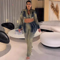 European and american cross-border women's fashion:  women's denim outfit - streetwear tie-dye long sleeve top and fringe denim jeans set