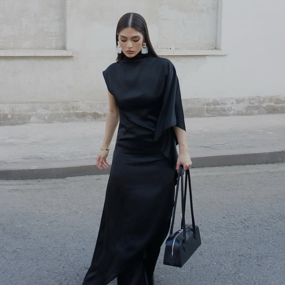 Europe and the United States  2025 summer new semi-turtleneck beveled edge dress celebrity temperament loose sleeveless dress long dress women