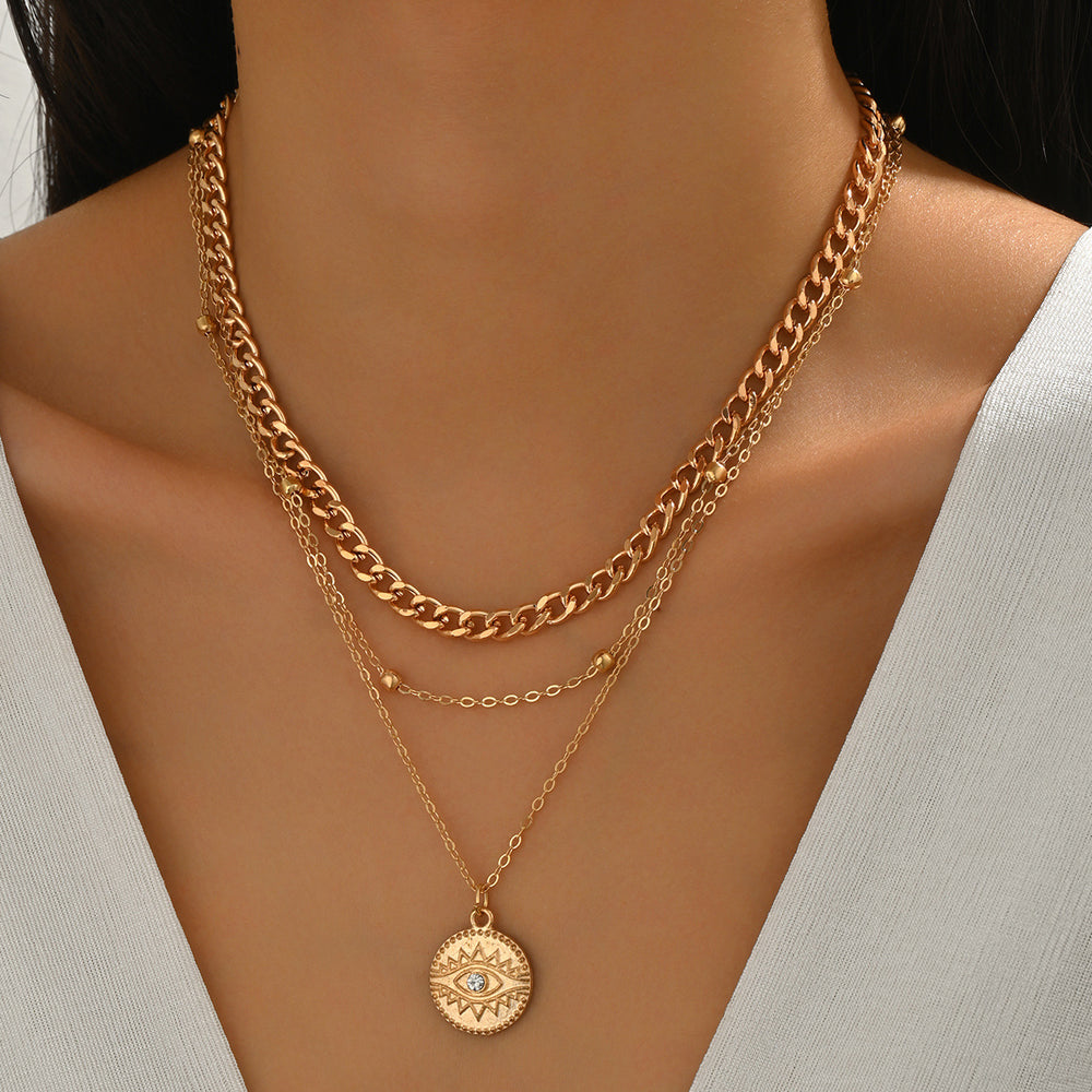 Long necklace wholesale fashion cross-border devil's eye round pendant for women fall and winter chain stacked diamond clavicle chain