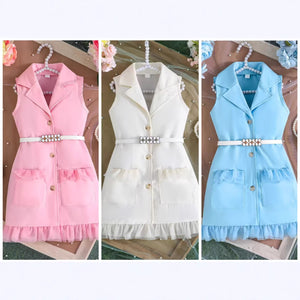 new arrival: a cross-border summer collection - girls' solid color sleeveless blazer-style fashion dress + belt two-piece set