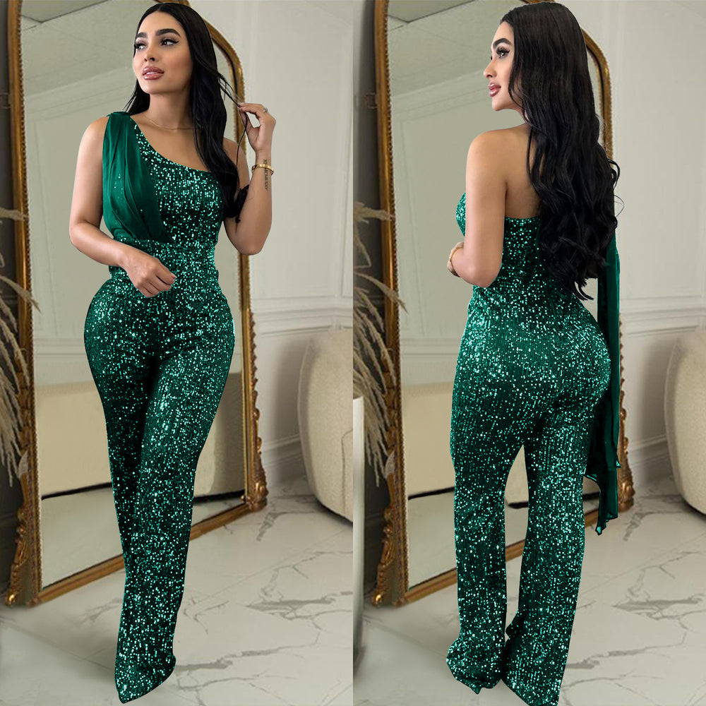 C6778 cross-border   fashion women's solid color sleeveless one-shoulder sequin pants jumpsuit