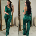 C6778 cross-border   fashion women's solid color sleeveless one-shoulder sequin pants jumpsuit