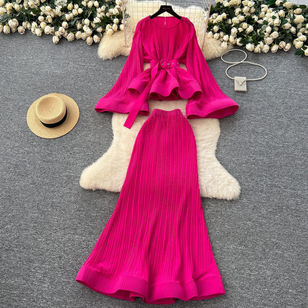 European and american chic tie-waist flared sleeve ruffle hem pleated top + high-waisted mermaid midi skirt set