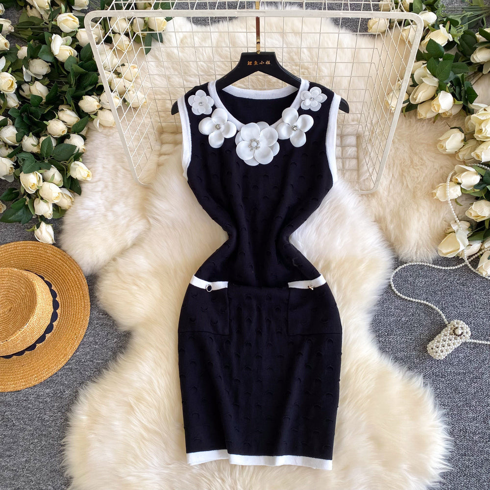 Xiaoxiangfeng stereo flower sleeveless knittingdress female summernew arrival silmslimming look a-line skirt classy sense