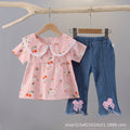 Floral print short-sleeve summer outfit for girls (0-4 years) - includes blouse with shoulder ruffles and denim pants