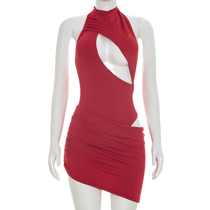 Exportfashion style women's pure colorfake two-piece cross cut outsexy nightclub sleeveless waist bag hip dress short skirt