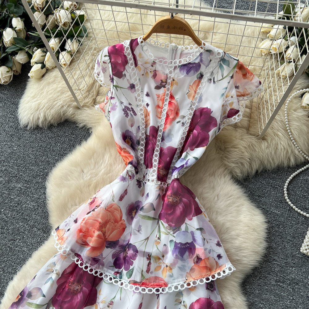 French retro print sleeveless cake dress - women's summer high-waisted ruffle hem a-line maxi dress - vacation style