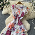 French retro print sleeveless cake dress - women's summer high-waisted ruffle hem a-line maxi dress - vacation style