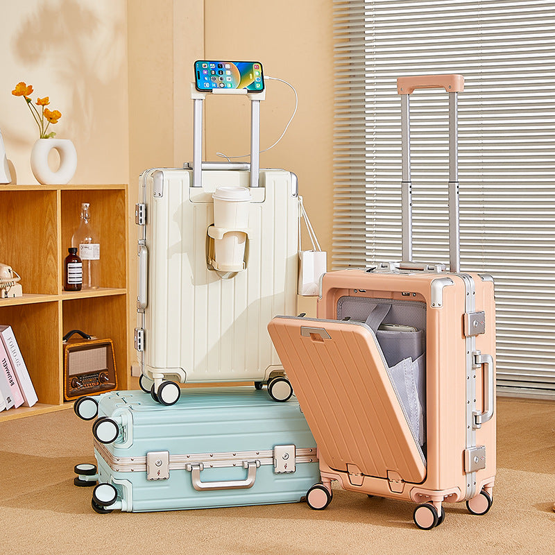 New suitcase multi-functional aluminum frame front opening suitcase trolley case smart travel bag colorful parent-child