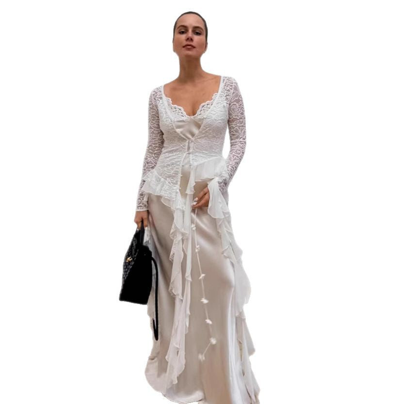 Cross-border French Bohemian Lace Cardigan Top Women's 2025 Summer Design V-Neck Long Sleeve Women's Shirt