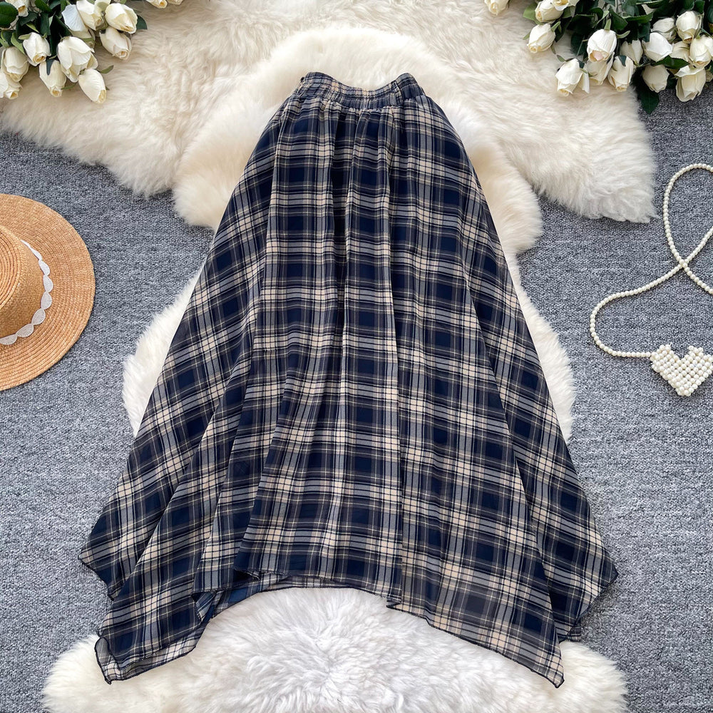 Vintage plaid patchwork a-line midi skirt - women's summer high-waisted slimming commute skirt with elastic waistband